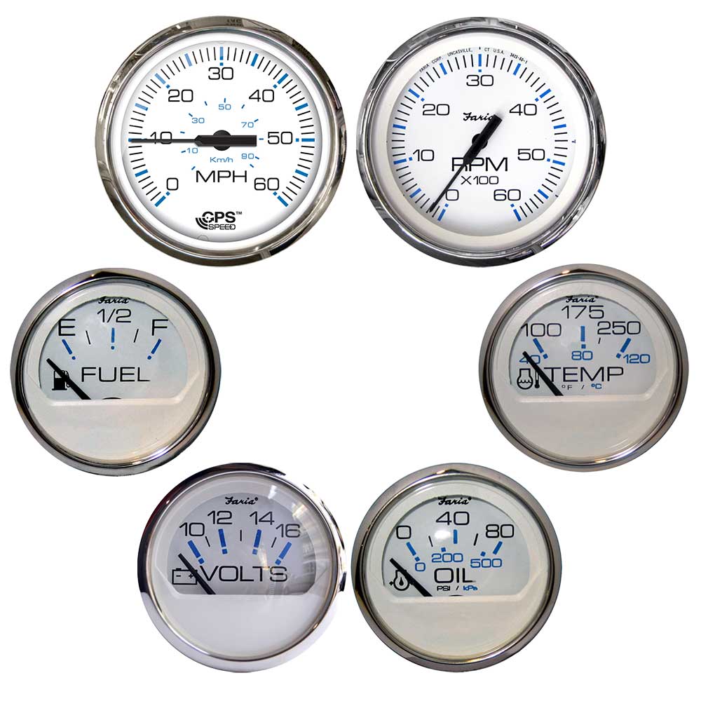 Faria Chesapeake W/ Steel Bezel Boxed of 6 - Speed, Tach, Fuel Level, Voltmeter, Water Temperature &amp; Oil PSI - Inboard Motors