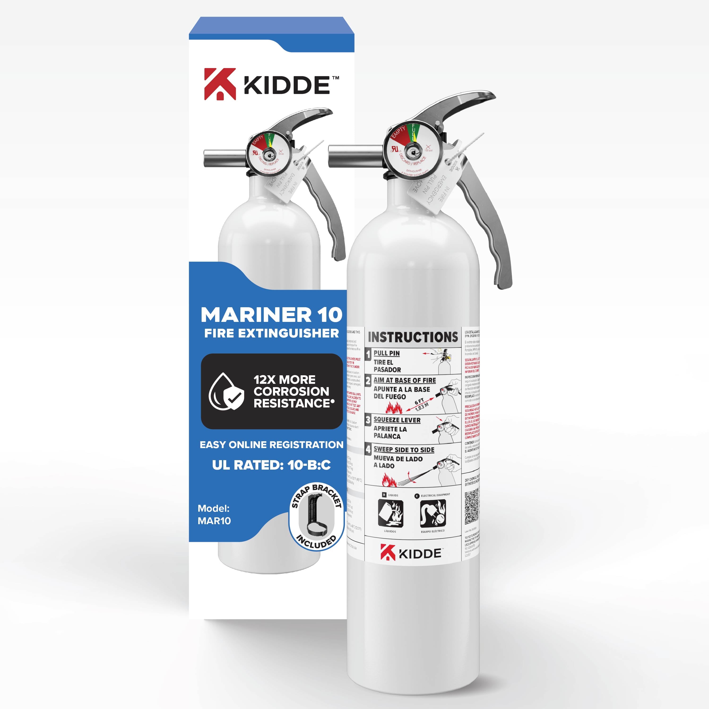 Kidde 2.5 lb BC Mariner Extinguisher MAR10 w/ Metal Valve & Plastic Strap Bracket (Disposable)